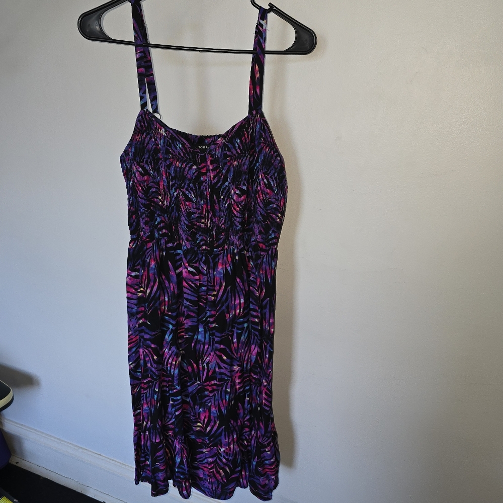 Torrid Smocked Pink and Purple Palm Leaf Dress - Plus Size: 2x